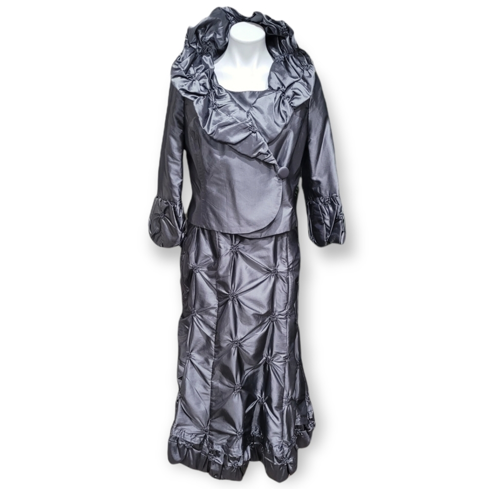 Gray Elegant Party Dress Nubiano Sz 8 Silver Below Knee Ruffle Dress with Jacket